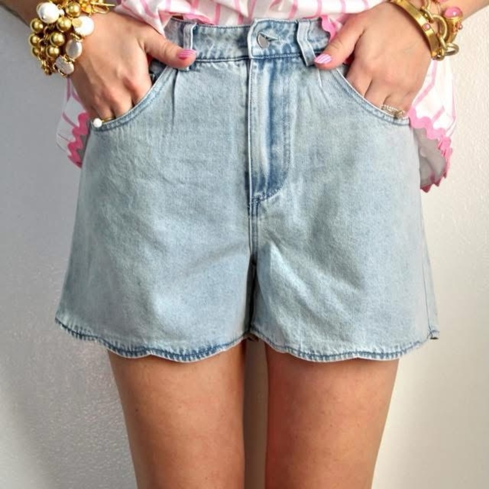 So Me Light Blue Jean Scalloped Shorts